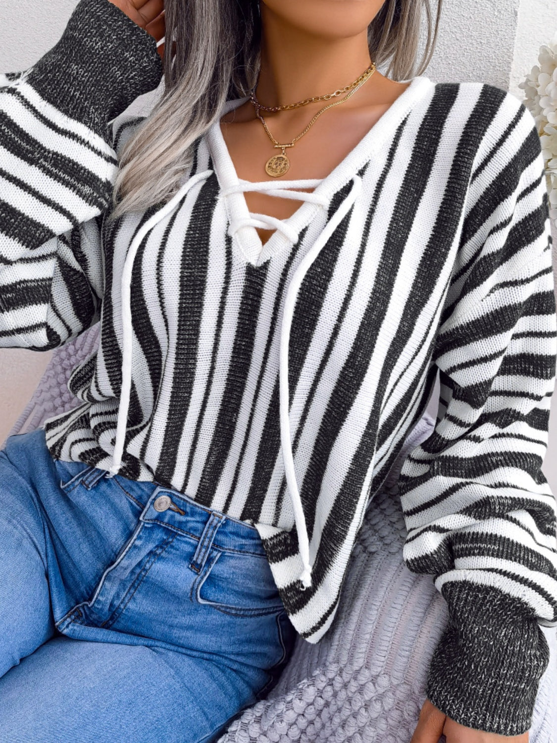 Striped Lace-Up Long Sleeve Sweater