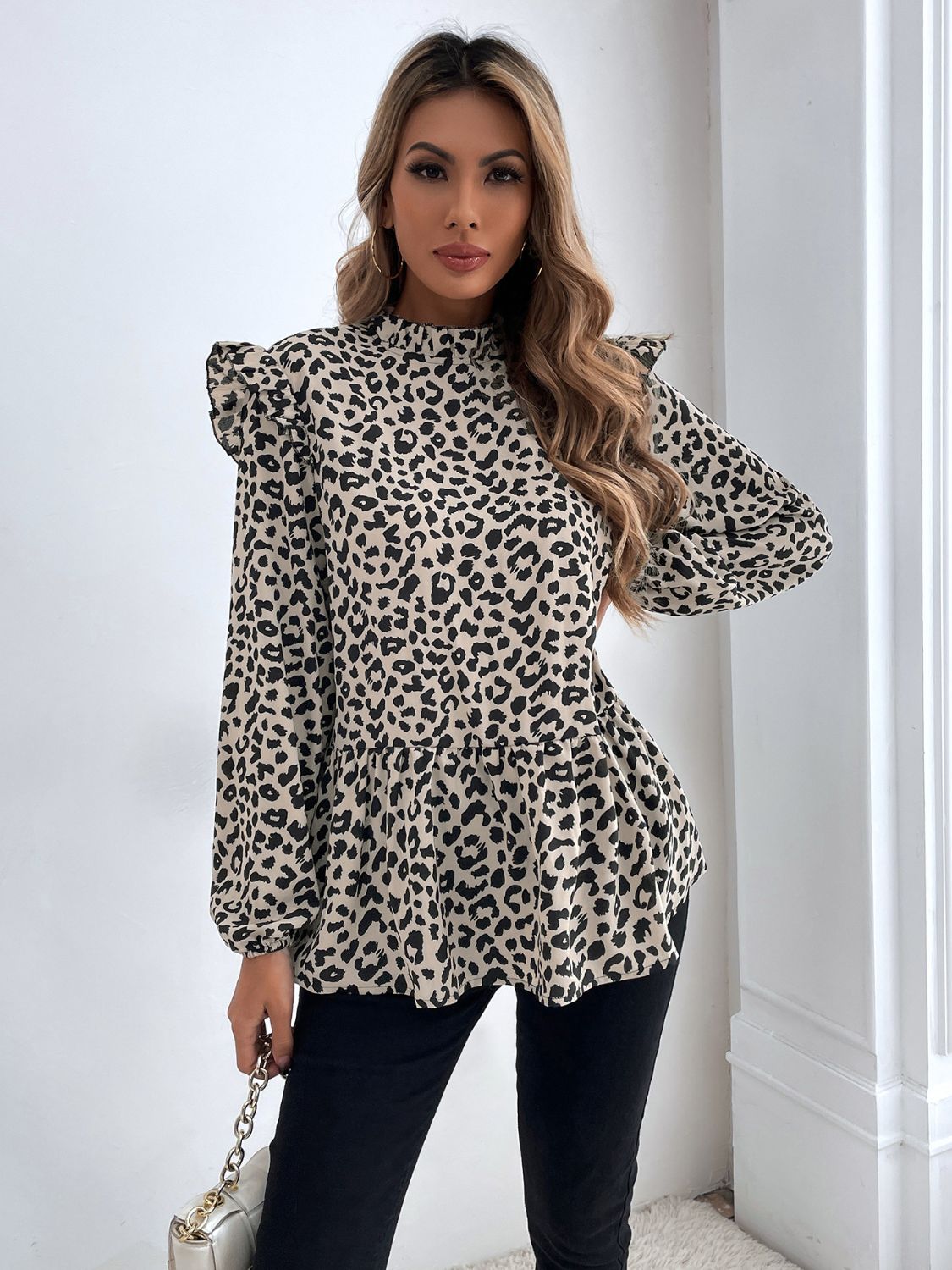 Ruffled Leopard Mock Neck Long Sleeve Blouse