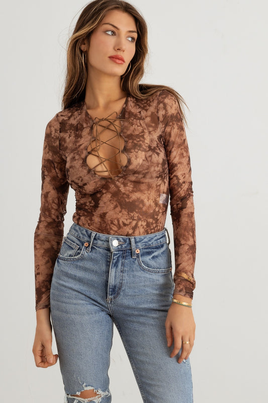 HERA COLLECTION Abstract Mesh Lace-Up Long Sleeve Bodysuit