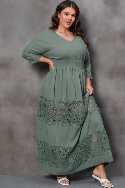 Plus Size Tied V-Neck Smocked Crochet Maxi Dress