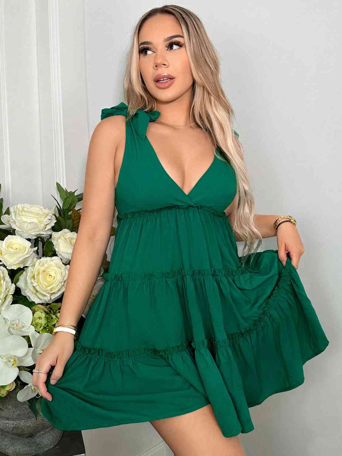 Tie Shoulder Plunge Sleeveless Tiered Dress